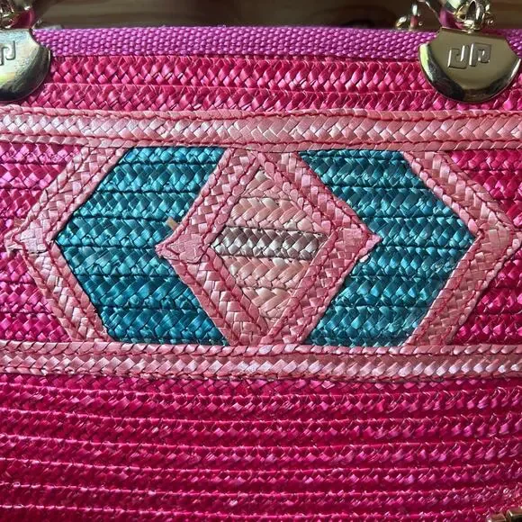 Hot Pink Woven Straw Tote Wood Handles Resort Bag Made in Italy NWOT Piergiorgio - Picture 11 of 16